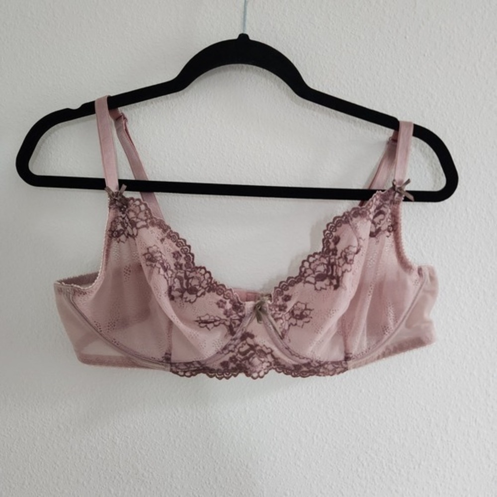 Pink Lace Trim Unlined Underwire Bra Size 42D